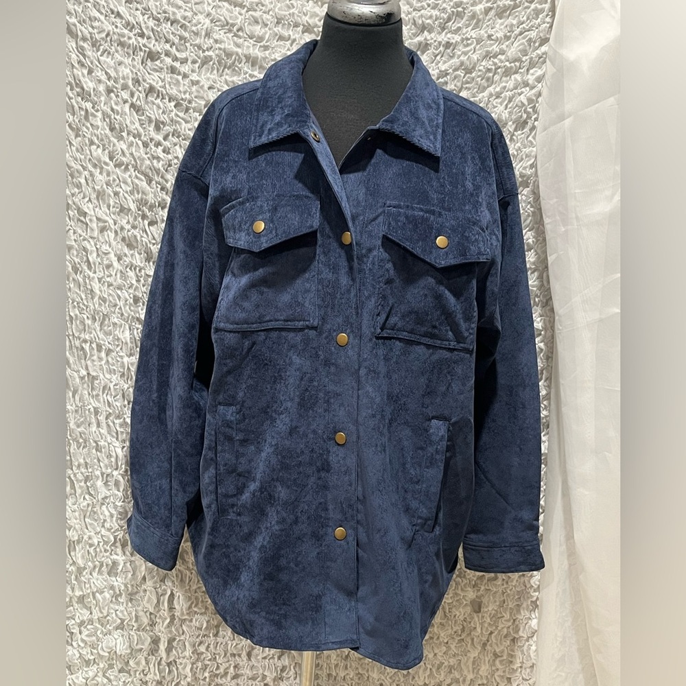 Ruby Rd. Dark Blue WOMEN PIN CORD LONG SLEEVE SNAP FRONT SHIRT/ SHACKET SIZE XL